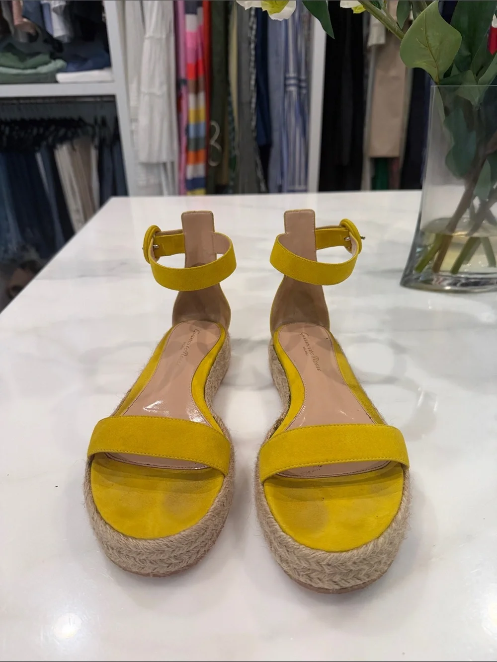Gianvito Rossi Yellow Suede Espadrille Platform Sandals with Ankle Strap